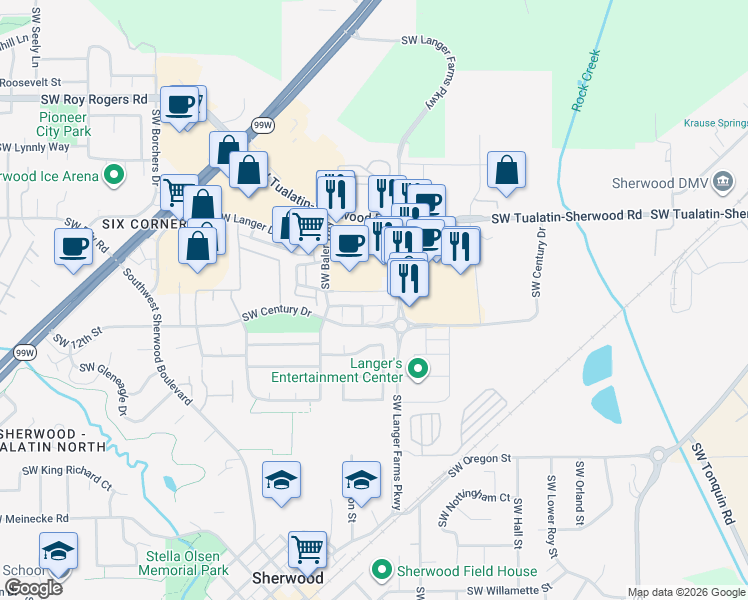 map of restaurants, bars, coffee shops, grocery stores, and more near 15669 Southwest Harvester Lane in Sherwood