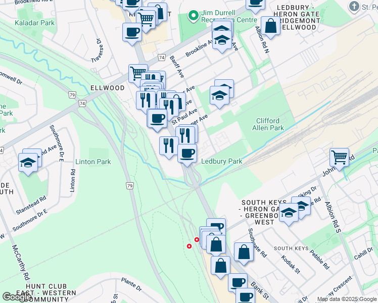map of restaurants, bars, coffee shops, grocery stores, and more near 1216 Kitchener Avenue in Ottawa