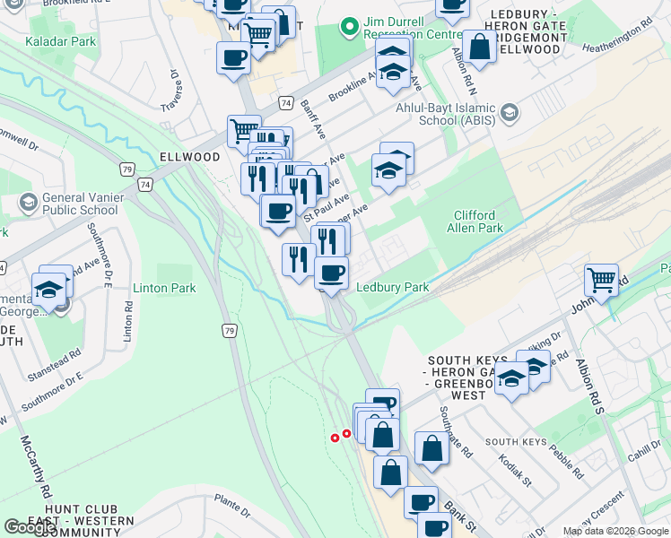 map of restaurants, bars, coffee shops, grocery stores, and more near 2019 Bank Street in Ottawa