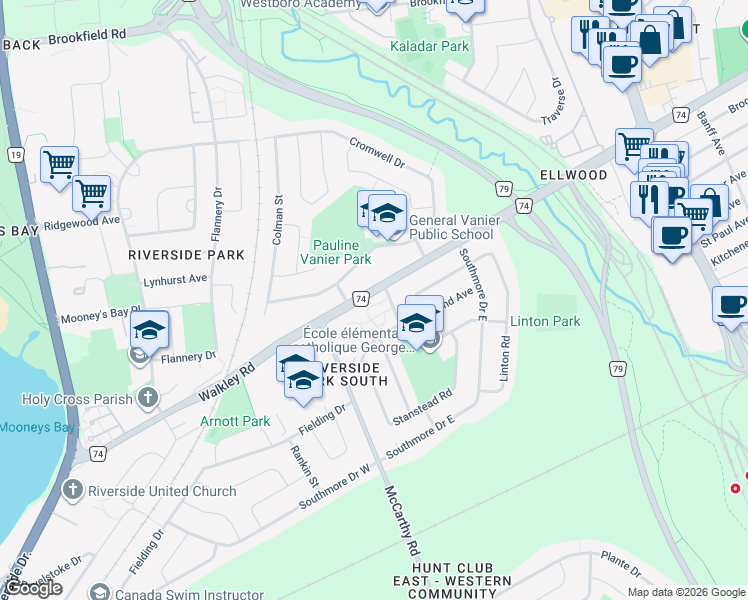 map of restaurants, bars, coffee shops, grocery stores, and more near 920 Walkley Road in Ottawa