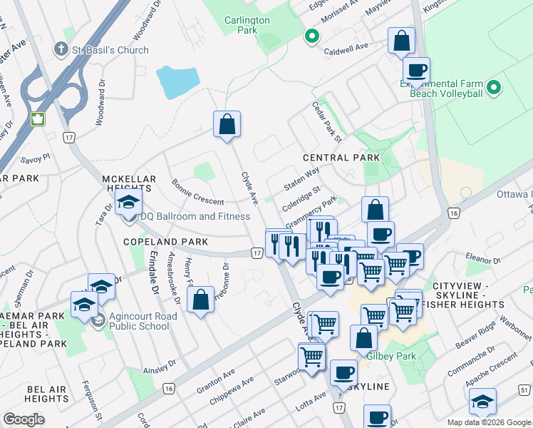 map of restaurants, bars, coffee shops, grocery stores, and more near 1213 Clyde Avenue in Ottawa