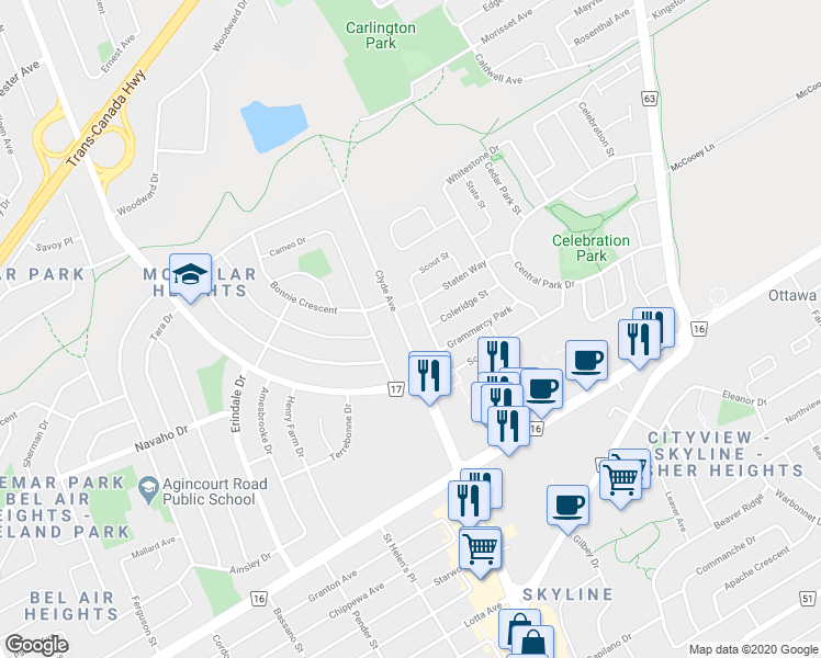 map of restaurants, bars, coffee shops, grocery stores, and more near 1213 Clyde Avenue in Ottawa