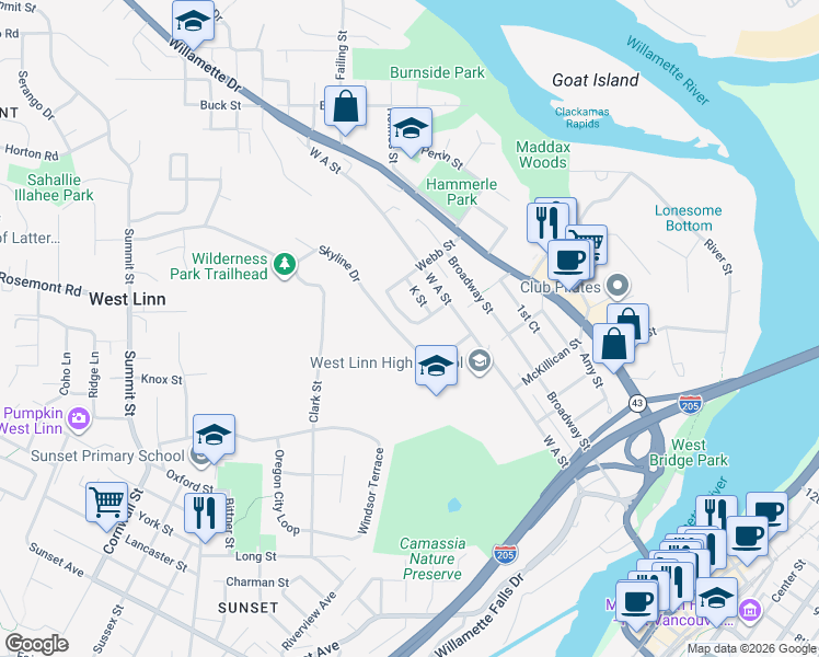 map of restaurants, bars, coffee shops, grocery stores, and more near 5732 K Street in West Linn