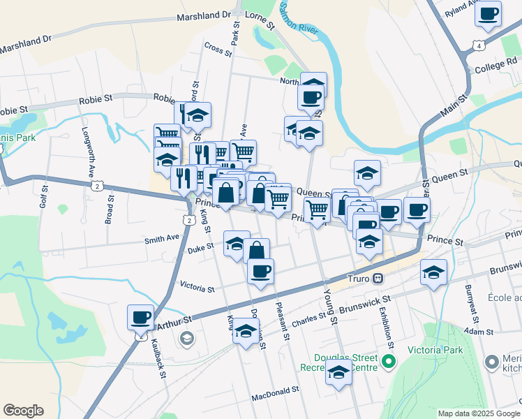 map of restaurants, bars, coffee shops, grocery stores, and more near 589 Prince Street in Truro