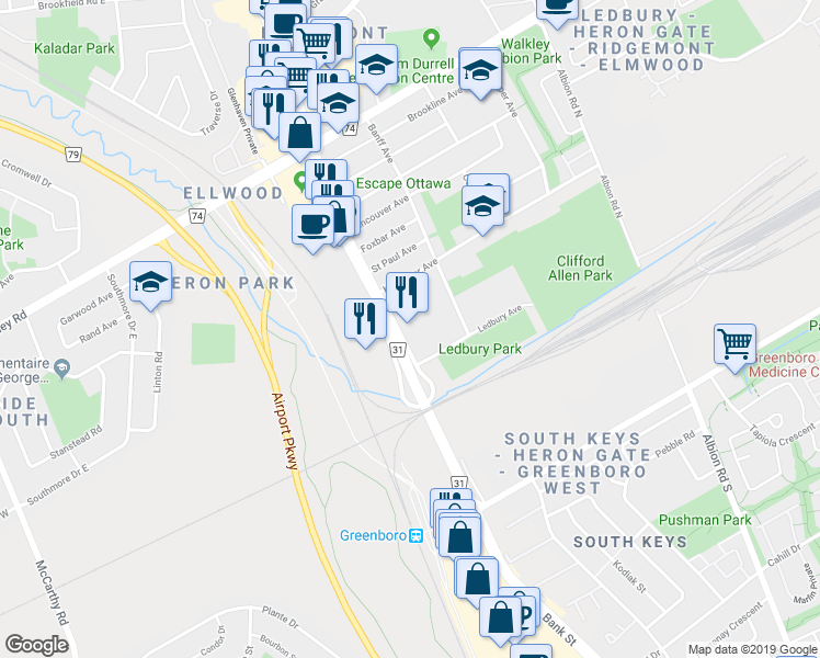 map of restaurants, bars, coffee shops, grocery stores, and more near 1216 Kitchener Avenue in Ottawa