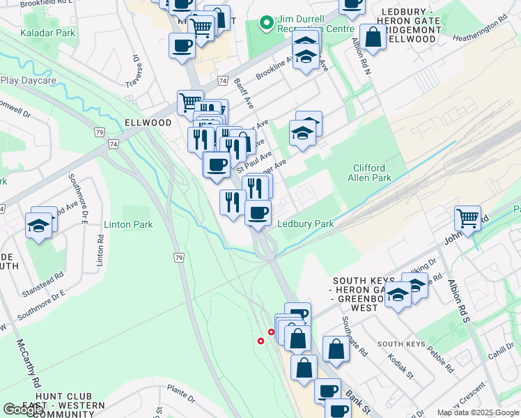 map of restaurants, bars, coffee shops, grocery stores, and more near 2019 Bank Street in Ottawa