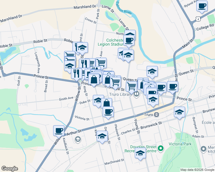 map of restaurants, bars, coffee shops, grocery stores, and more near 615 Prince Street in Truro