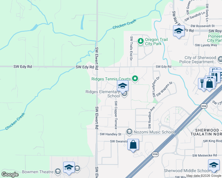 map of restaurants, bars, coffee shops, grocery stores, and more near 21340 Southwest Elwert Road in Sherwood