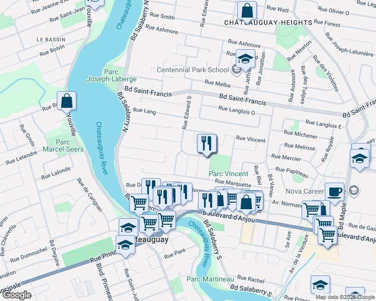 map of restaurants, bars, coffee shops, grocery stores, and more near 26 Rue Edward Sud in Châteauguay