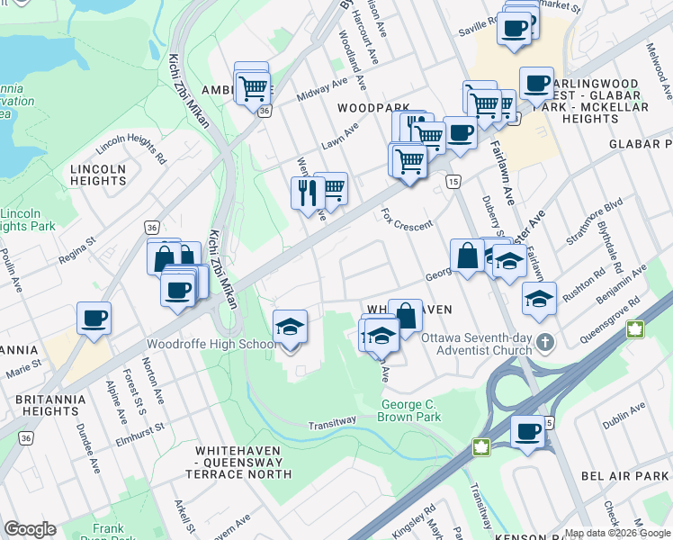 map of restaurants, bars, coffee shops, grocery stores, and more near 2369 Whitehaven Crescent in Ottawa