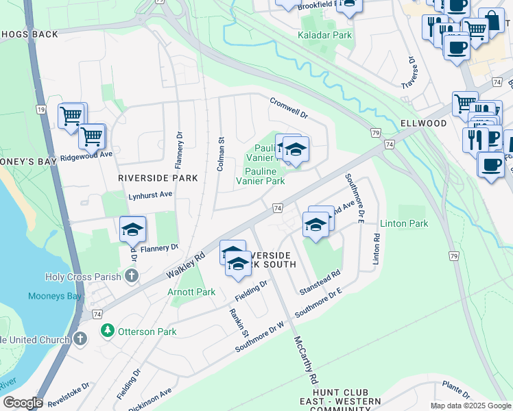 map of restaurants, bars, coffee shops, grocery stores, and more near 972 Harkness Avenue in Ottawa