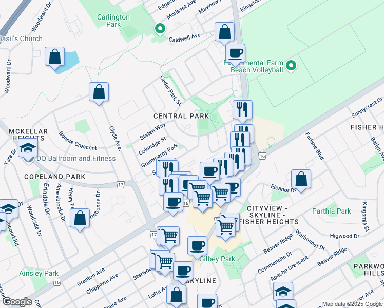 map of restaurants, bars, coffee shops, grocery stores, and more near 49 Scout Street in Ottawa