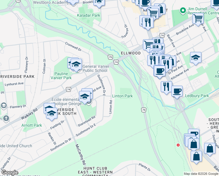 map of restaurants, bars, coffee shops, grocery stores, and more near 2966 Linton Road in Ottawa