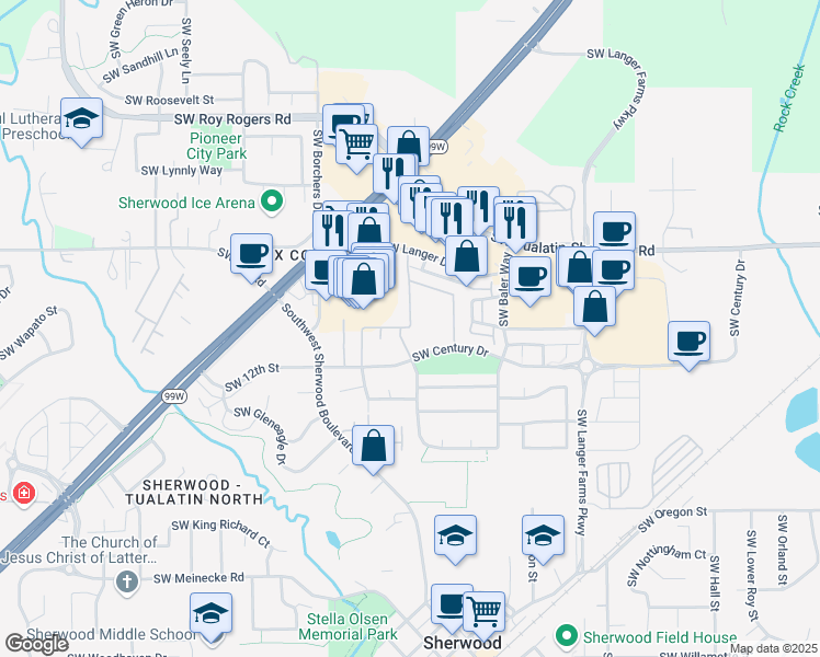map of restaurants, bars, coffee shops, grocery stores, and more near 20345 Southwest Pacific Highway in Sherwood