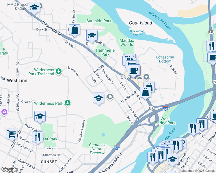 map of restaurants, bars, coffee shops, grocery stores, and more near 5673 West A Street in West Linn