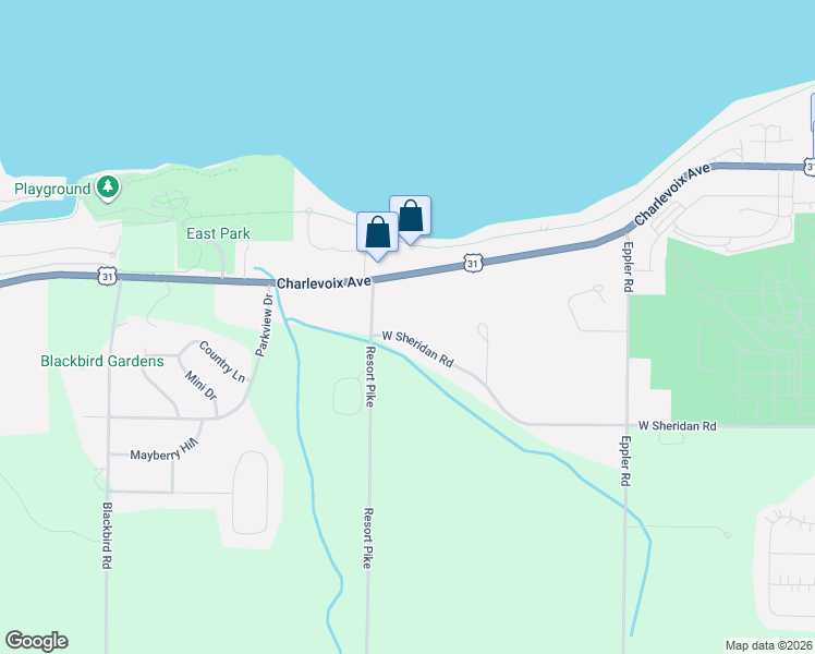 map of restaurants, bars, coffee shops, grocery stores, and more near 2666 W Sheridan Rd in Petoskey