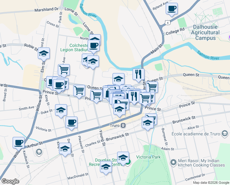 map of restaurants, bars, coffee shops, grocery stores, and more near 187 Queen Street in Truro