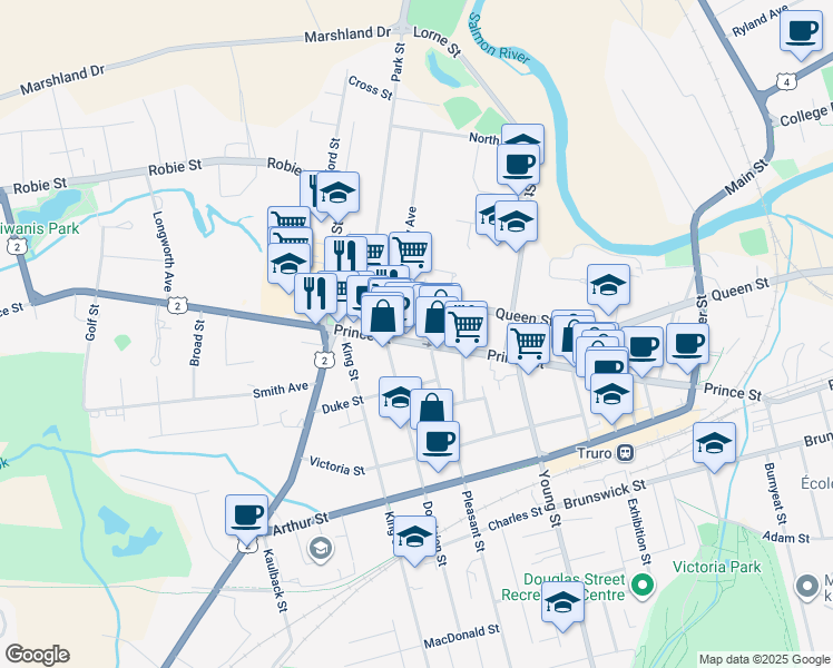 map of restaurants, bars, coffee shops, grocery stores, and more near 589 Prince Street in Truro