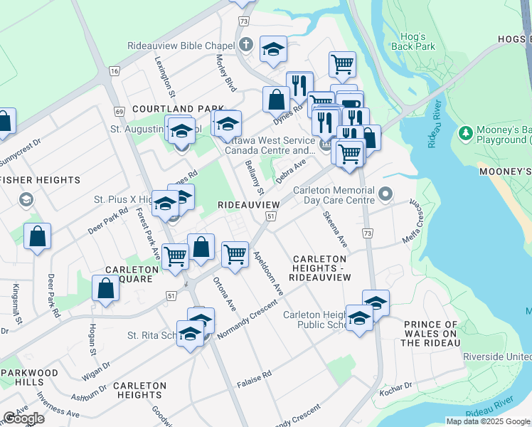 map of restaurants, bars, coffee shops, grocery stores, and more near 993 Meadowlands Drive East in Ottawa