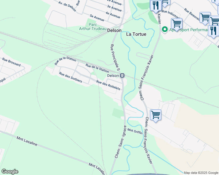 map of restaurants, bars, coffee shops, grocery stores, and more near 17 Rue des Roitelets in Delson
