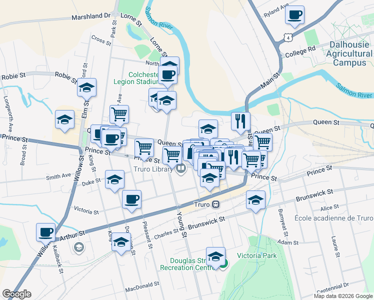 map of restaurants, bars, coffee shops, grocery stores, and more near 158 Queen Street in Truro
