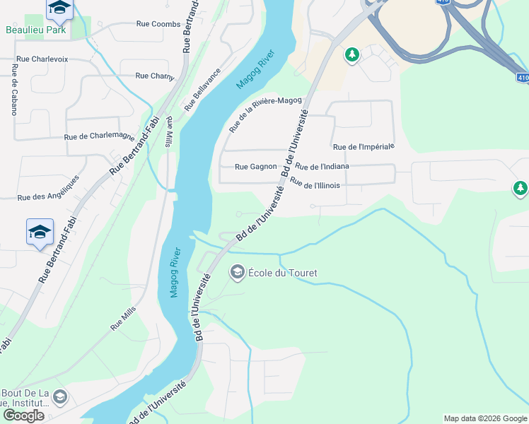 map of restaurants, bars, coffee shops, grocery stores, and more near 3600 Rue Maude-Abbott in Sherbrooke