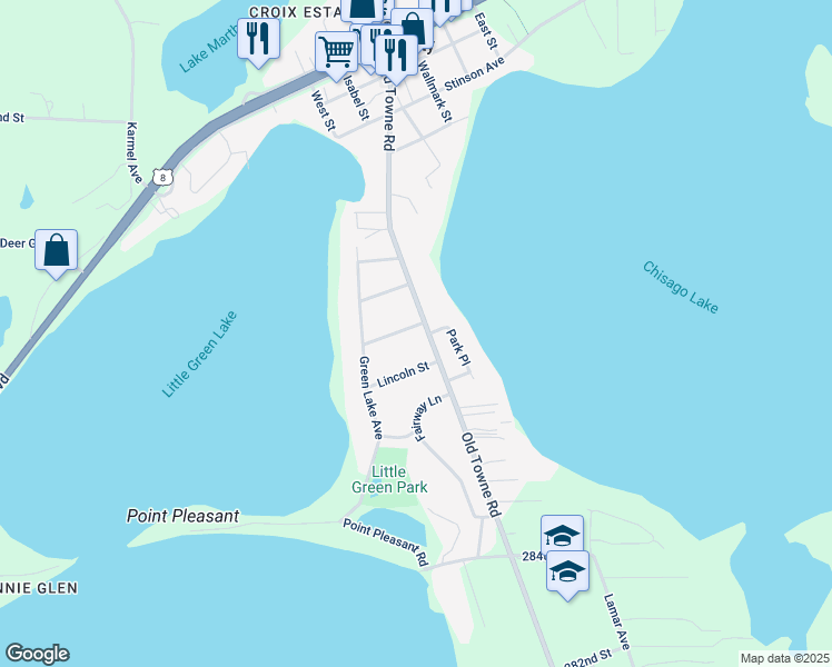 map of restaurants, bars, coffee shops, grocery stores, and more near 28890 Old Towne Road in Chisago City