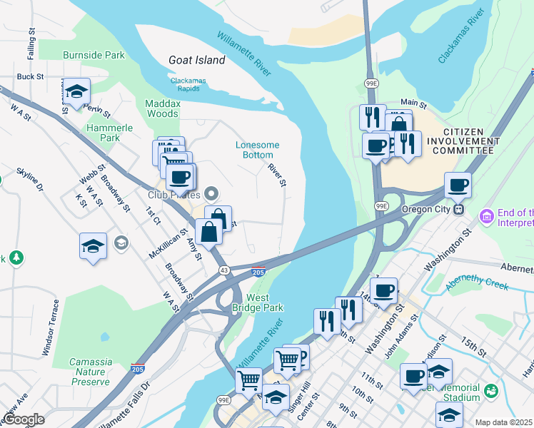 map of restaurants, bars, coffee shops, grocery stores, and more near 5548 River Street in West Linn
