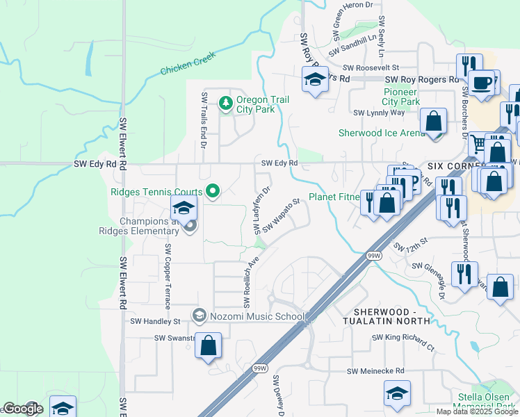 map of restaurants, bars, coffee shops, grocery stores, and more near 21288 Southwest Ladyfern Drive in Sherwood