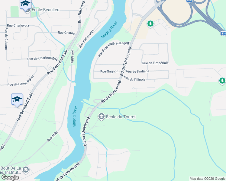 map of restaurants, bars, coffee shops, grocery stores, and more near 3600 Rue Maude-Abbott in Sherbrooke