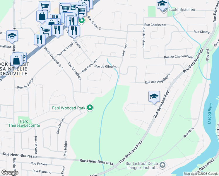 map of restaurants, bars, coffee shops, grocery stores, and more near Rue Homère in Sherbrooke