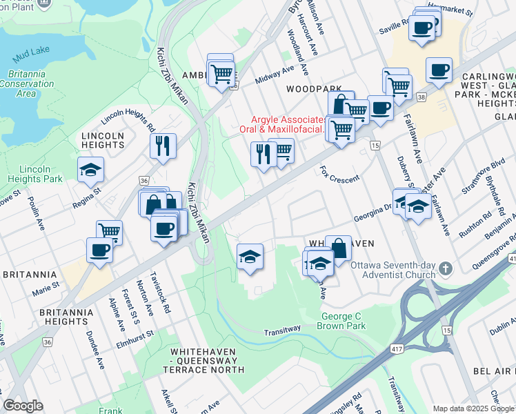 map of restaurants, bars, coffee shops, grocery stores, and more near 8430 Carling Avenue in Ottawa