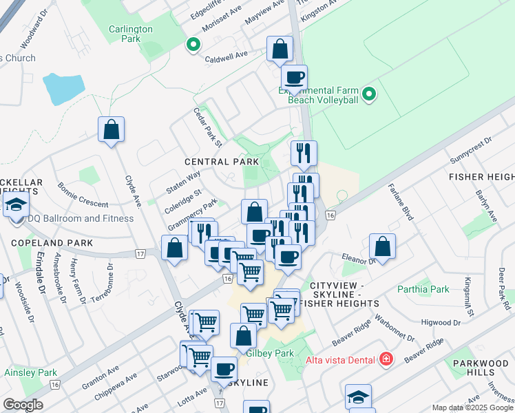 map of restaurants, bars, coffee shops, grocery stores, and more near 77 Manhattan Crescent in Ottawa