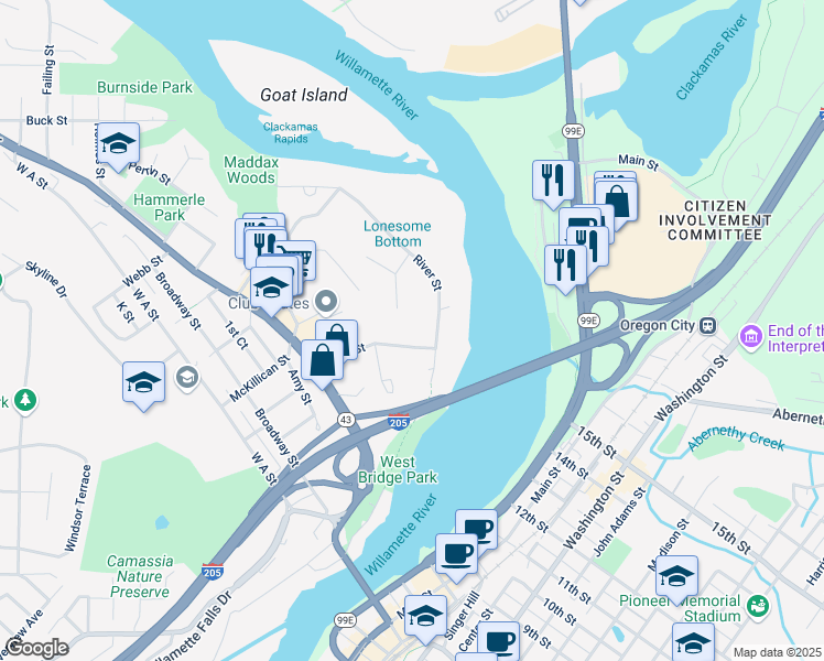 map of restaurants, bars, coffee shops, grocery stores, and more near 5548 River Street in West Linn