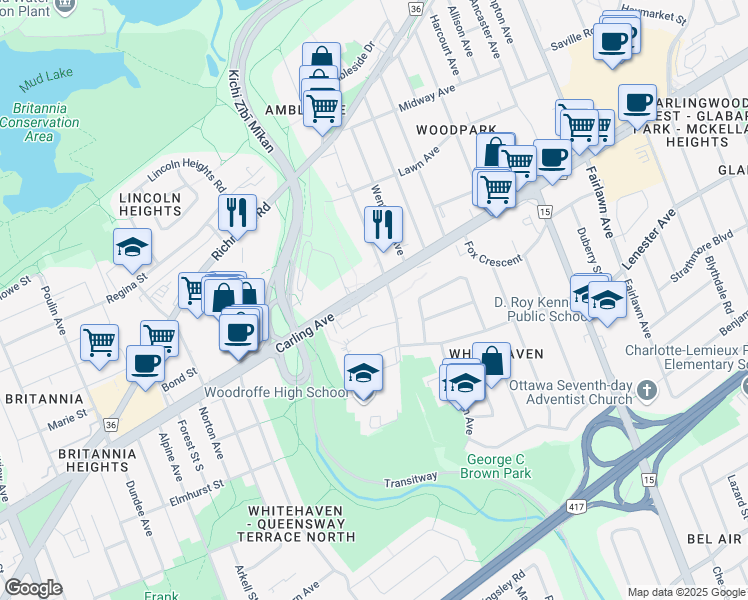 map of restaurants, bars, coffee shops, grocery stores, and more near 8430 Carling Avenue in Ottawa