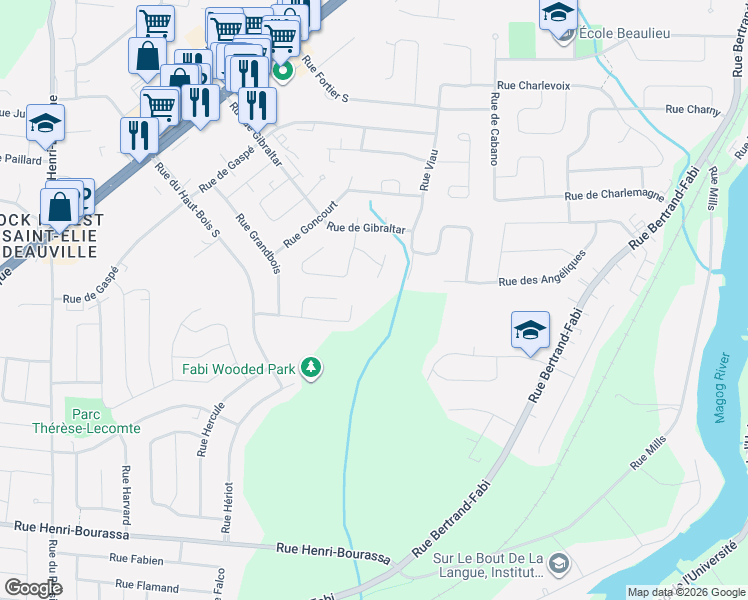 map of restaurants, bars, coffee shops, grocery stores, and more near Rue Homère in Sherbrooke
