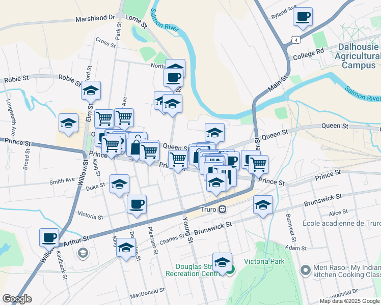 map of restaurants, bars, coffee shops, grocery stores, and more near 154 Queen Street in Truro