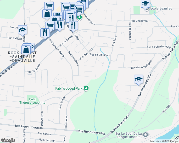 map of restaurants, bars, coffee shops, grocery stores, and more near Rue Homère in Sherbrooke