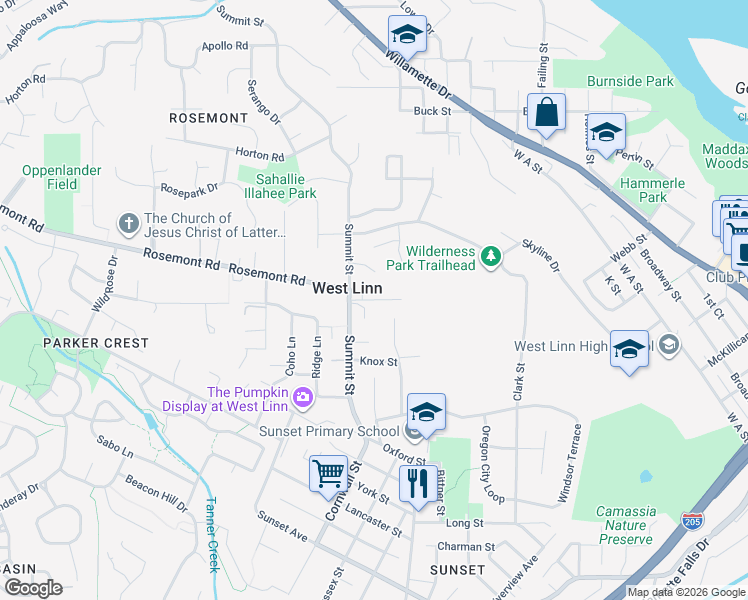 map of restaurants, bars, coffee shops, grocery stores, and more near Gloria Drive in West Linn