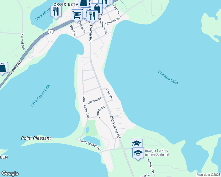 map of restaurants, bars, coffee shops, grocery stores, and more near 28895 Park Place in Chisago City