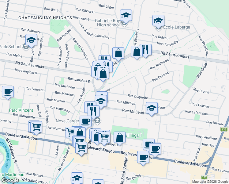 map of restaurants, bars, coffee shops, grocery stores, and more near 203 Rue Duquette in Châteauguay