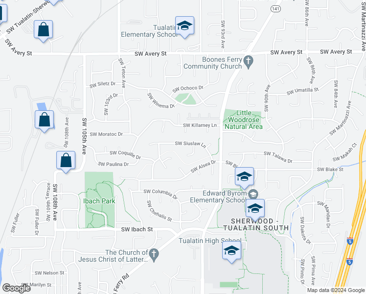 map of restaurants, bars, coffee shops, grocery stores, and more near 9668 Southwest Siuslaw Lane in Tualatin