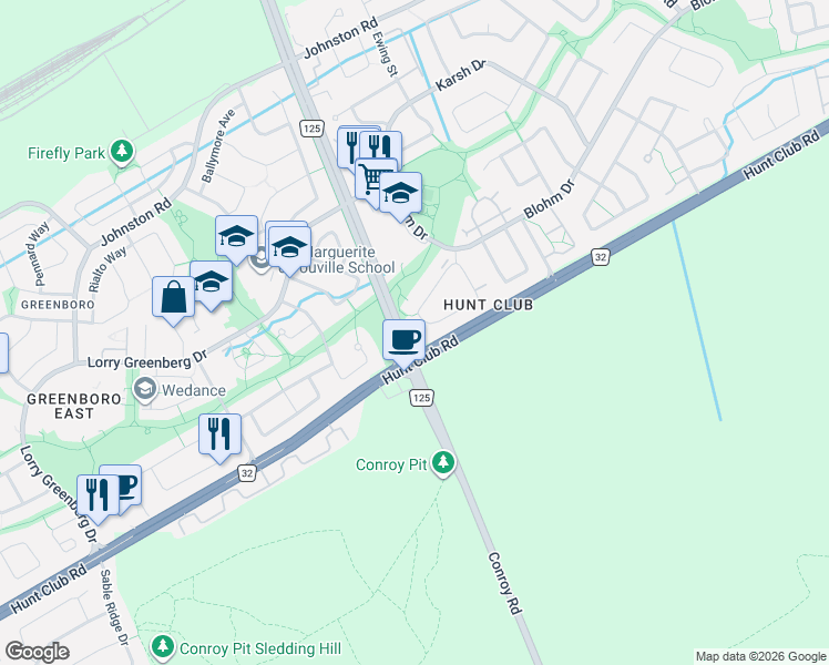 map of restaurants, bars, coffee shops, grocery stores, and more near 204 Briston Private in Ottawa