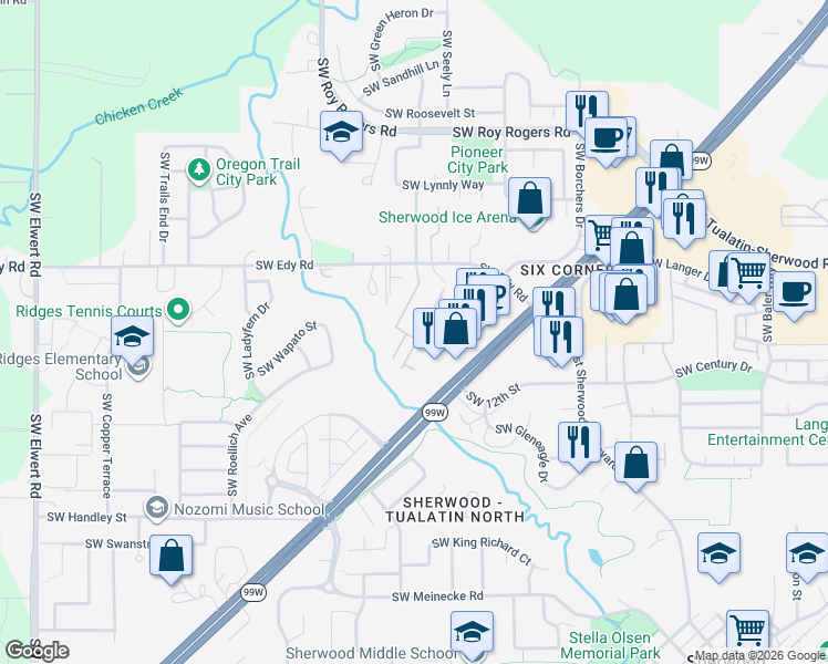map of restaurants, bars, coffee shops, grocery stores, and more near 21283 Southwest Madeira Terrace in Sherwood