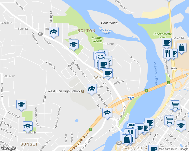 map of restaurants, bars, coffee shops, grocery stores, and more near 5615 1st Ct in West Linn