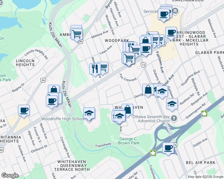 map of restaurants, bars, coffee shops, grocery stores, and more near 2336 Whitehaven Crescent in Ottawa