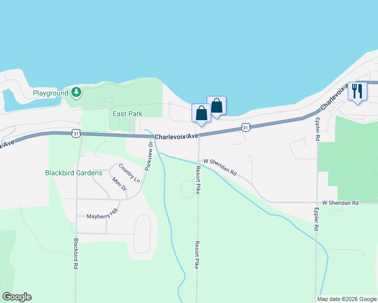 map of restaurants, bars, coffee shops, grocery stores, and more near 814 Resort Pike Road in Petoskey