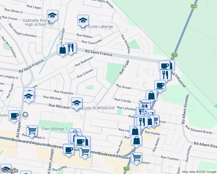map of restaurants, bars, coffee shops, grocery stores, and more near 75 Rue Craik in Châteauguay