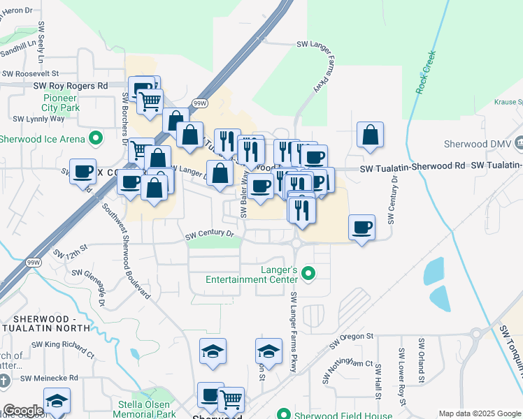 map of restaurants, bars, coffee shops, grocery stores, and more near 21365 Southwest Baler Way in Sherwood