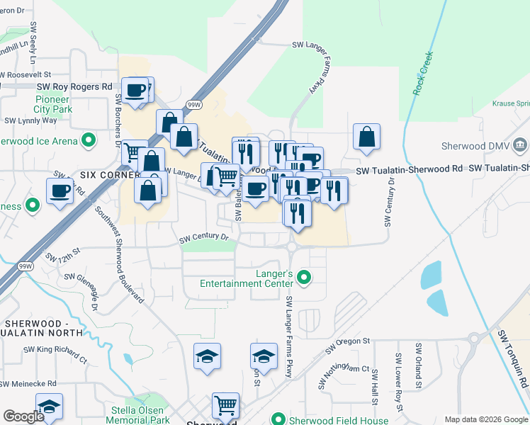map of restaurants, bars, coffee shops, grocery stores, and more near 21365 Southwest Baler Way in Sherwood